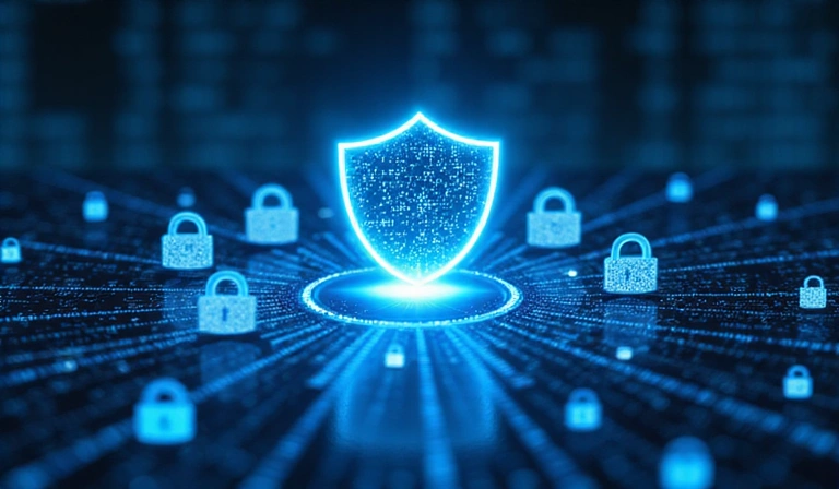 Digital privacy concept with a shield protecting data on a screen