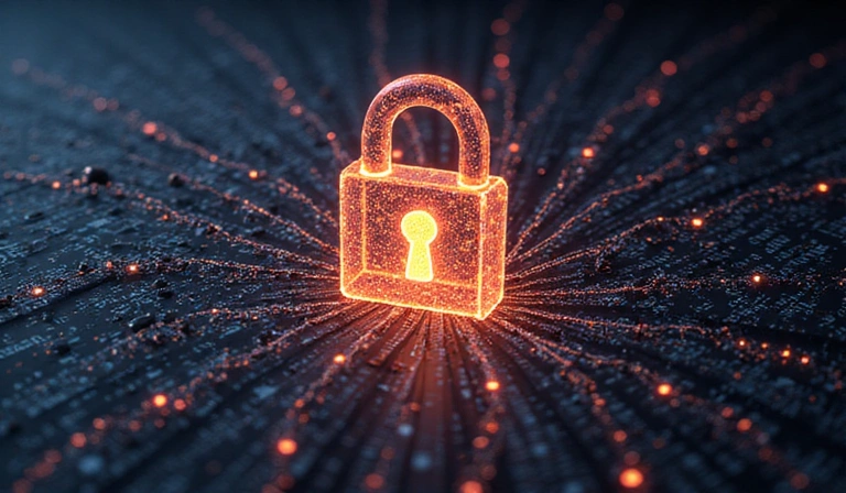 Digital privacy concept with padlock icon and abstract data flow